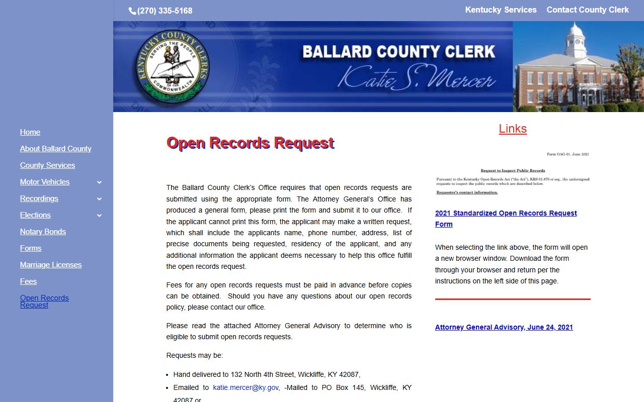 Ballard County clerk records open records request fields