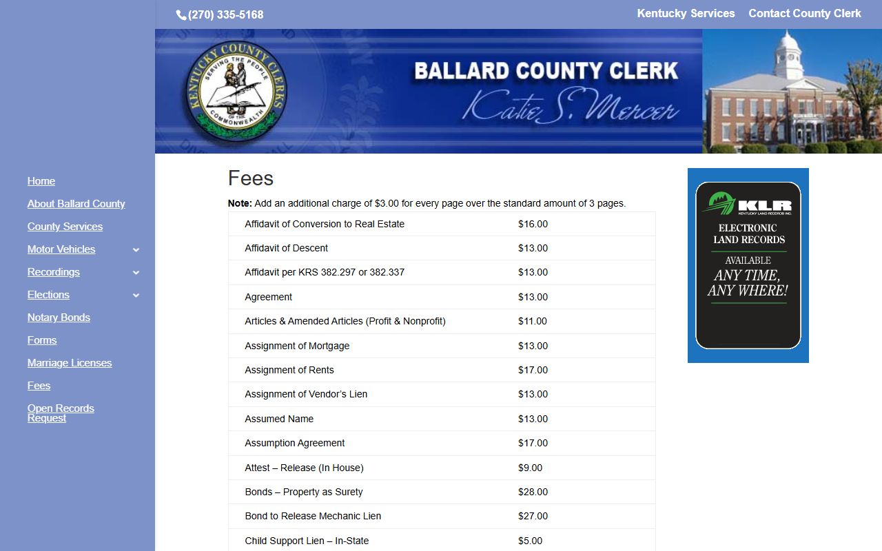 Ballard County clerk records fee schedule