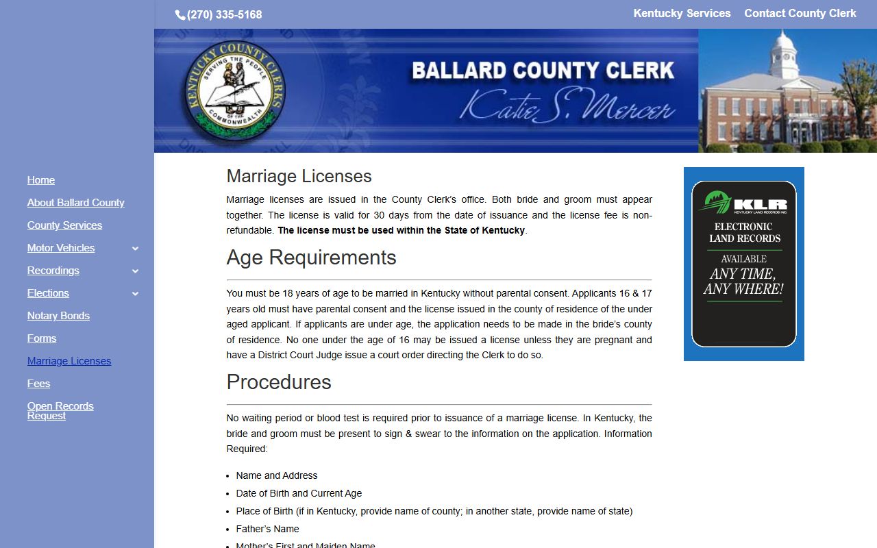 Ballard County clerk records marriage license requirements