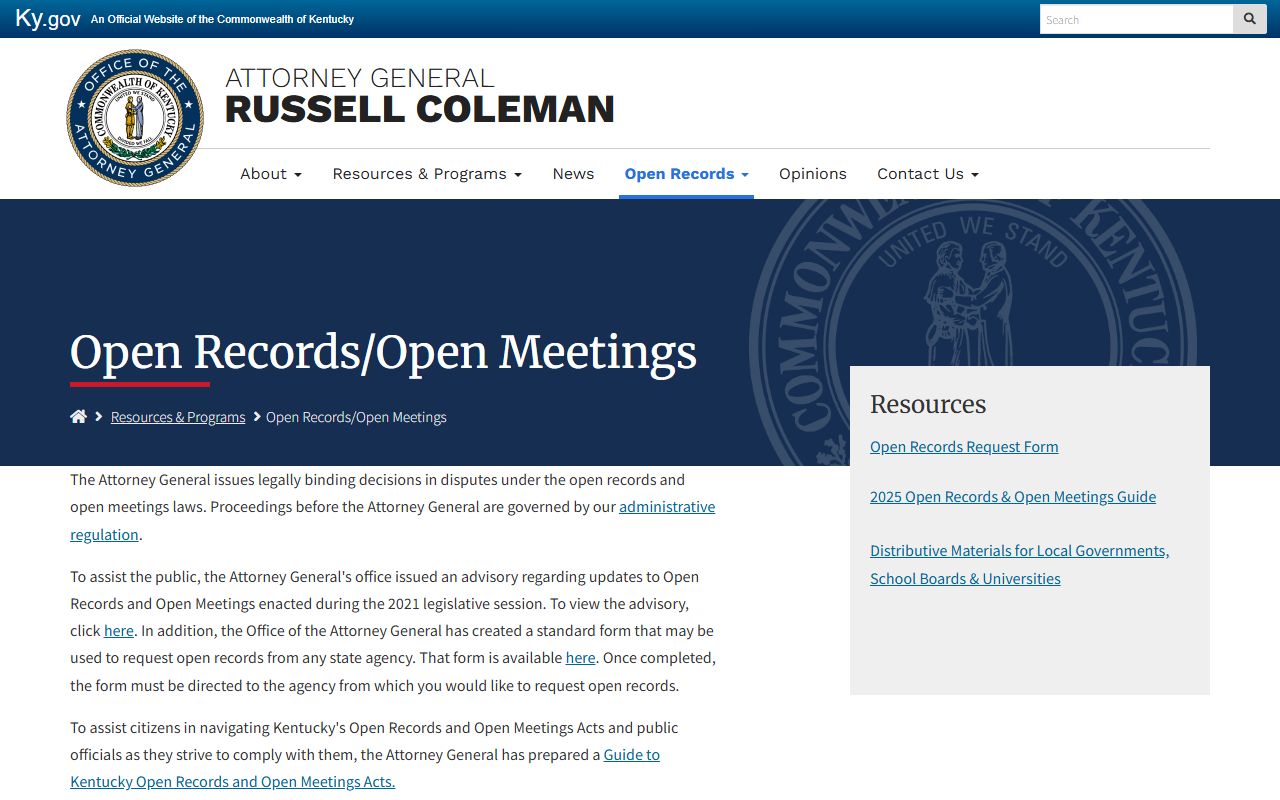 Ballard County arrest records and court charges Kentucky Attorney General open records resources