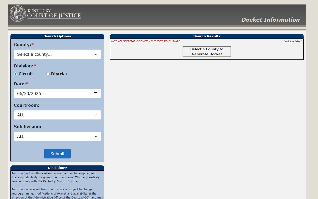 Ballard County court dockets Kentucky trial court docket application