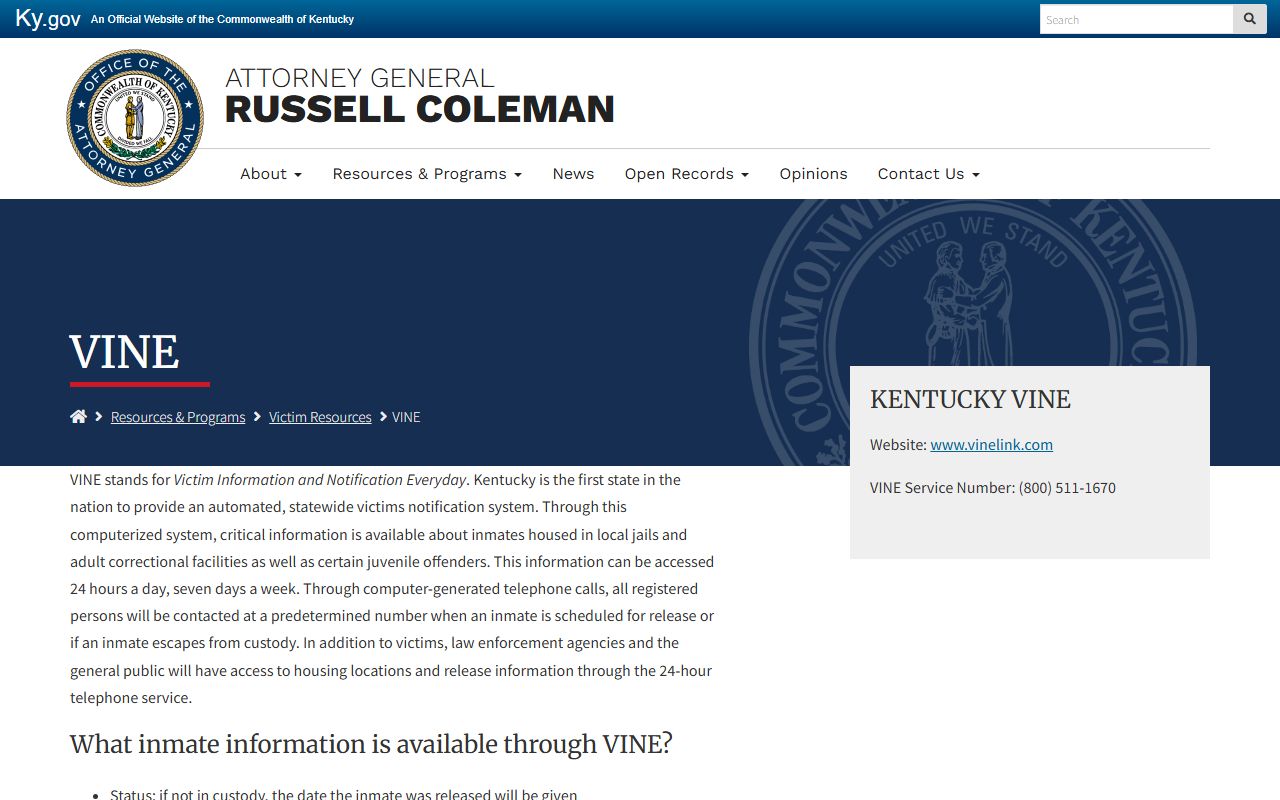Ballard County inmate records Kentucky Attorney General VINE source